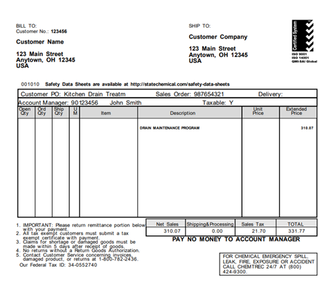 A sample invoice from State Chemical.  The invoice includes a line for 