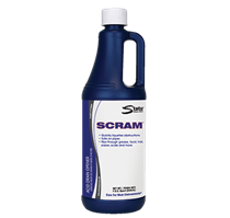 A bottle of State Chemical's product Scram.  The bottle is blue with a white cap and has a label on it that says 