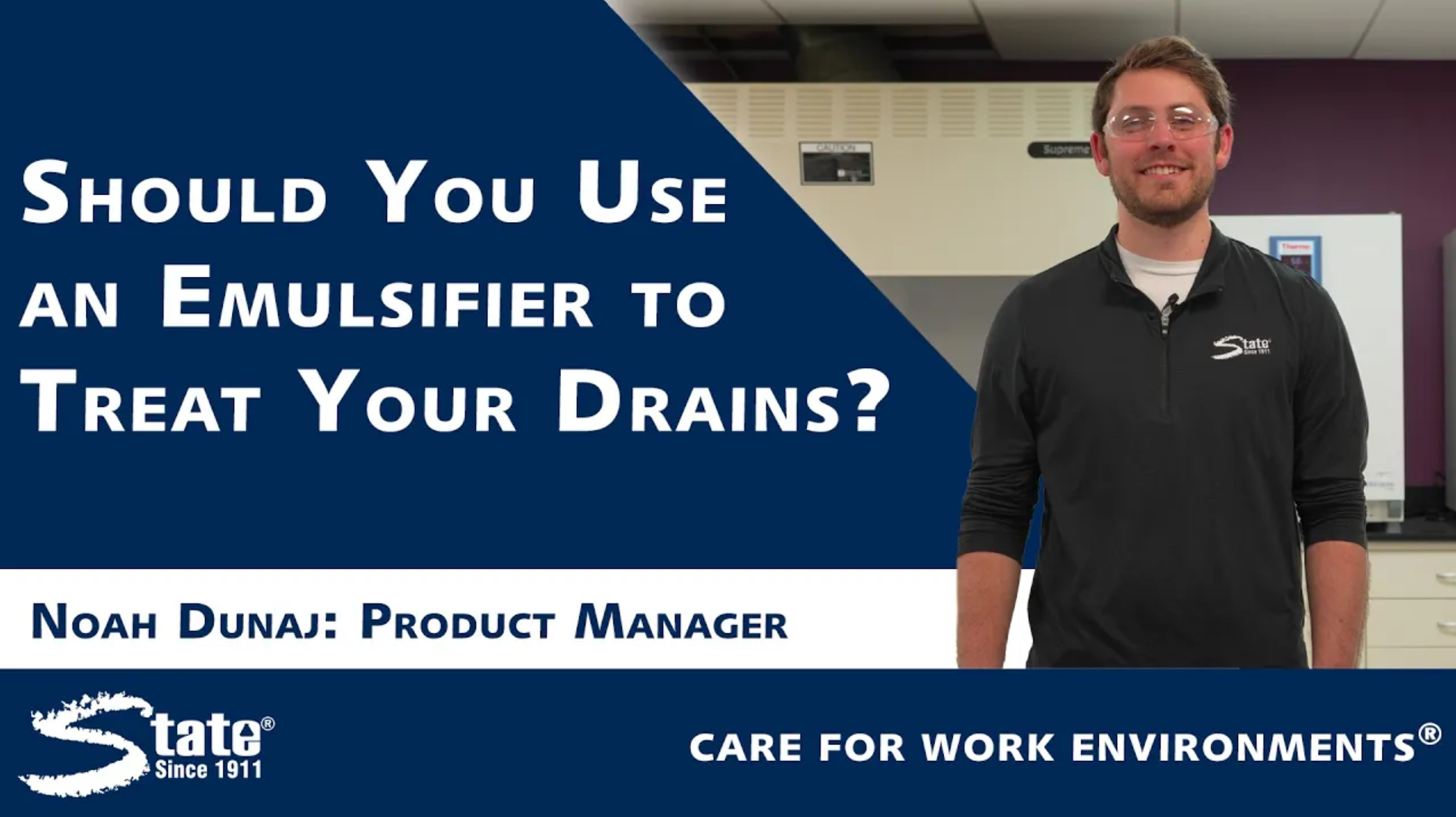 Video thumbnail showing product manager discussing emulsifier drain treatment options for facility maintenance