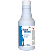 White plastic bottle with blue and white label showing Drain Rocket product branding