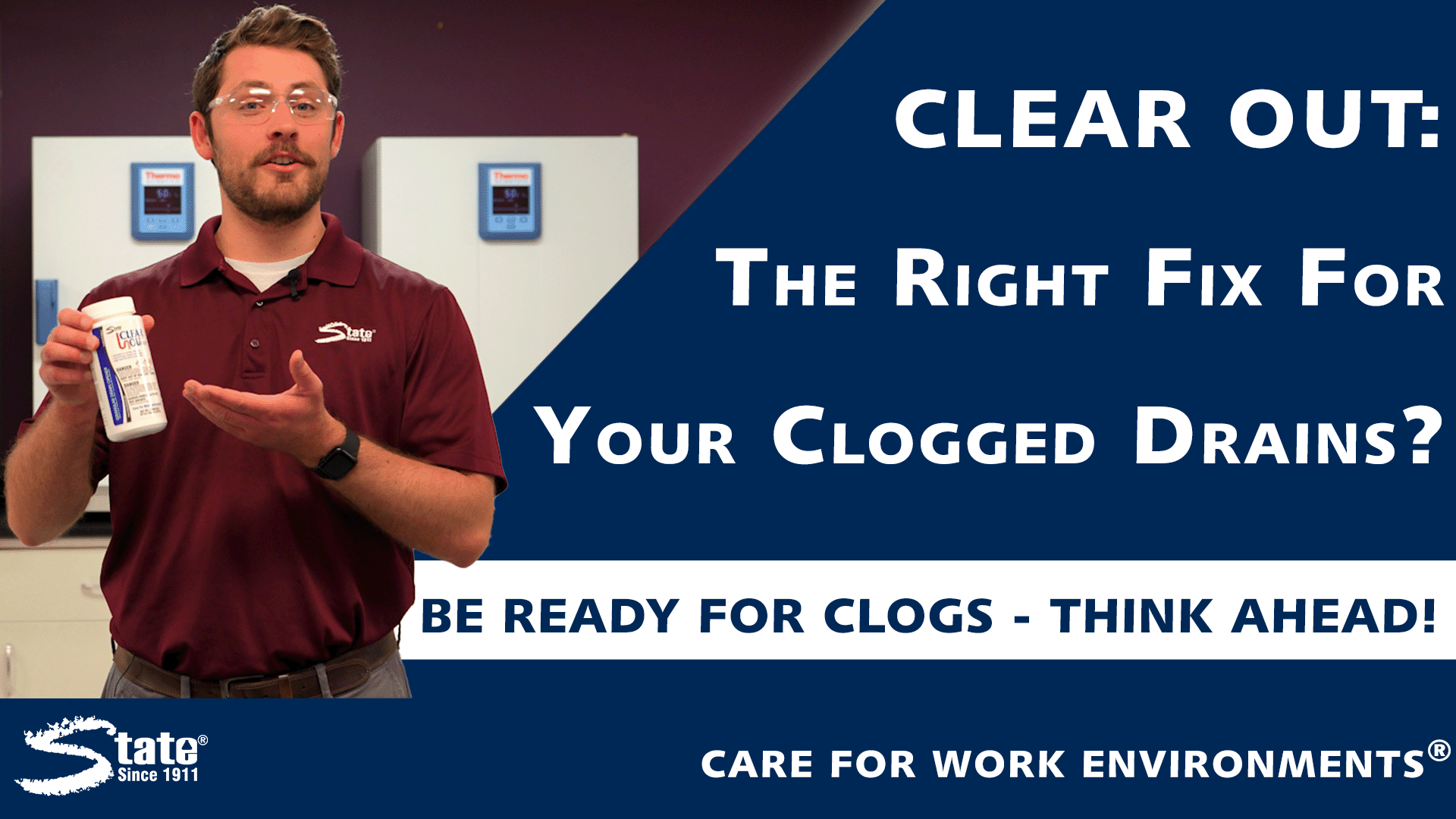 Person in red shirt gesturing toward Clear-Out drain cleaner product and text about clogged drains