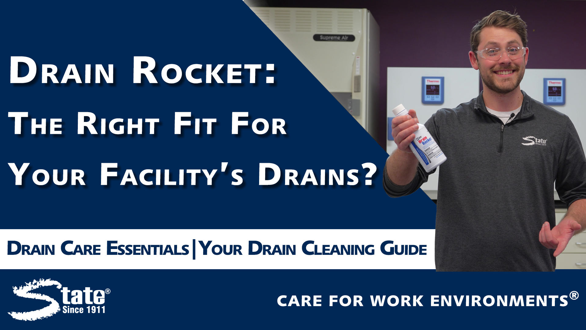 Person in blue shirt holding Drain Rocket product box next to white container and text reading 'The Right Fit For Your Facility's Drains?'