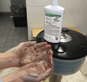 Person holding handful of brown pumice hand cleaner with Ecolution container in background