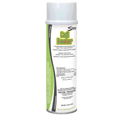 Aerosol spray can with white cap and green and white label featuring Coil Doctor branding
