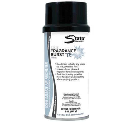 Black and white aerosol spray can with Fragrance Burst 12 label