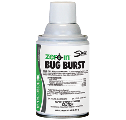 White aerosol spray can with green and black label showing Bug Burst product branding