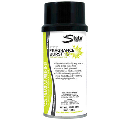 Black and yellow aerosol can of Fragrance Burst air freshener spray