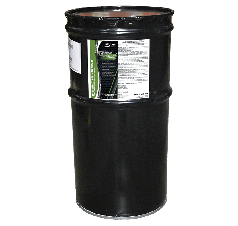 Black 120-pound drum of Guardian Super Impact Grease lubricant with white product label