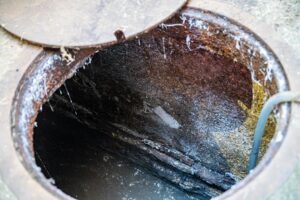 Clogged underground drain pipe filled with black sludge and grease buildup requiring professional cleaning