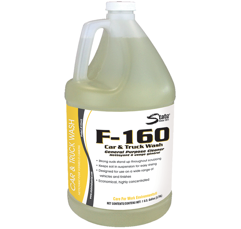 F-160 car and truck wash in a 1-gallon bottle with handle and yellow label