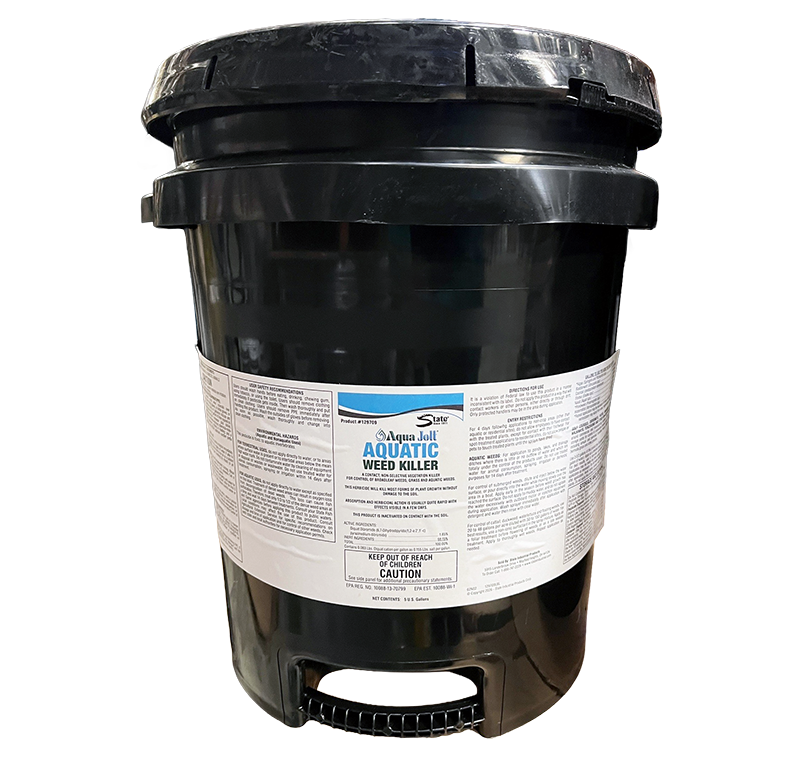 Black 5-gallon pail of aquatic weed killer with white product label and carrying handle