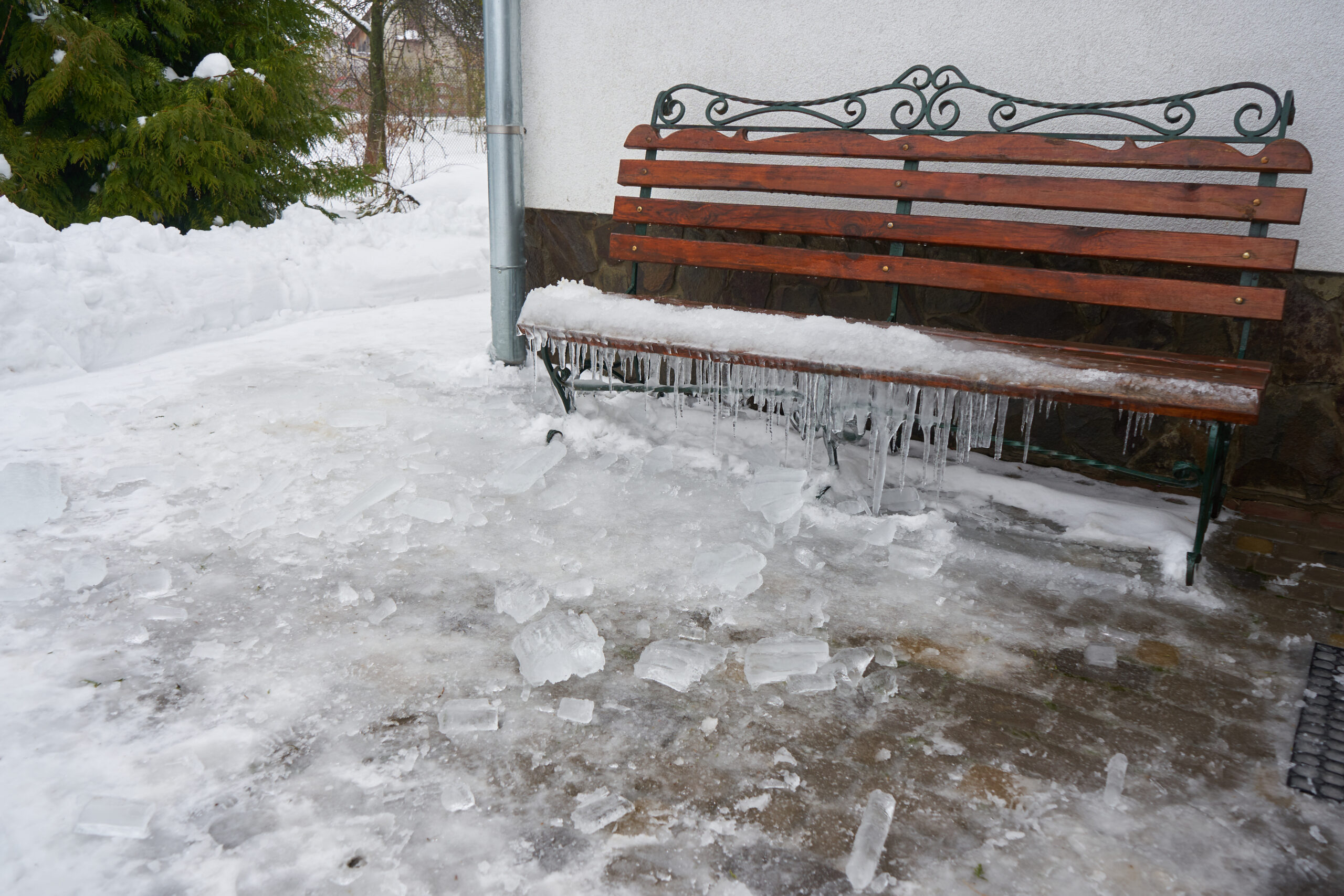 Icey wooden bench.