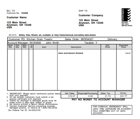 A sample invoice from State Chemical.  The invoice includes a line for